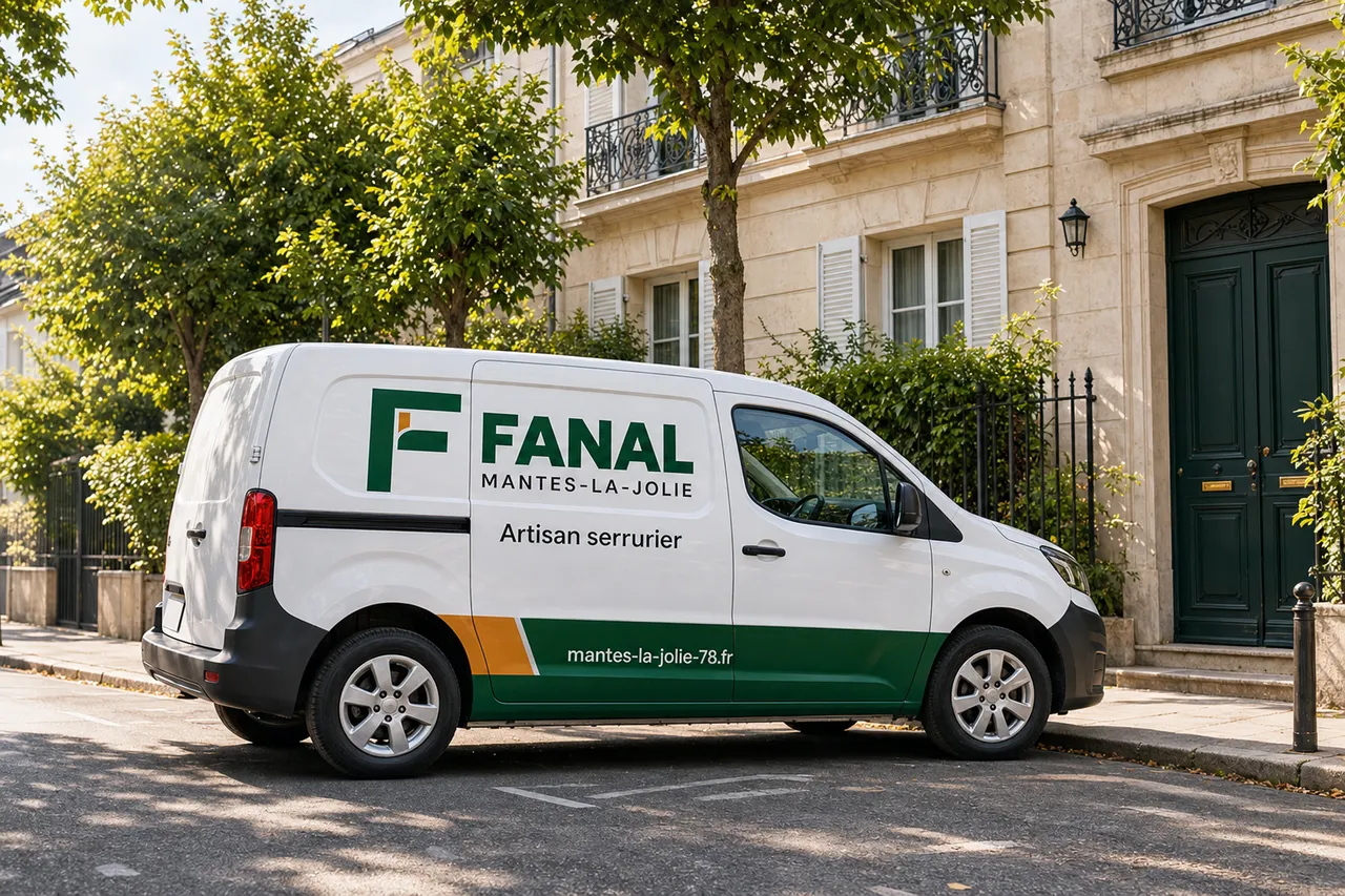 Utilitaire Fanal Mantes-la-Jolie garé devant un immeuble en pierre de Mantes-la-Jolie